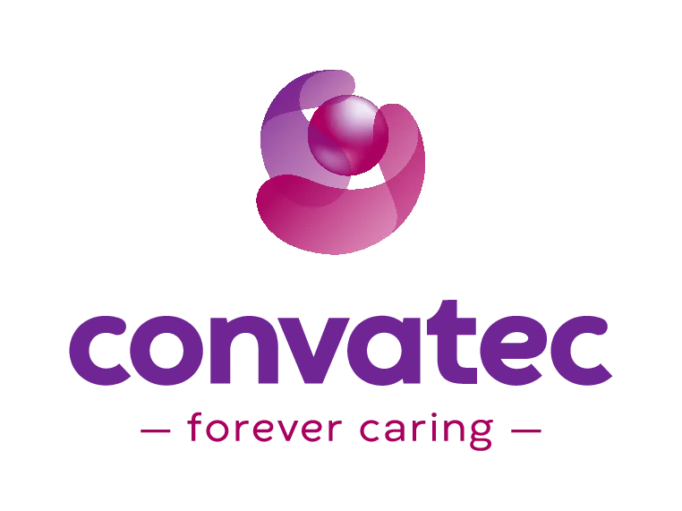 A purple and pink logo with the words "Convatec" and "forever caring".